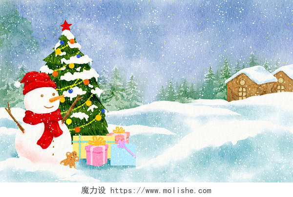水彩圣诞节插画圣诞节插画水彩雪人欢乐氛围圣诞节插画水彩冬天插